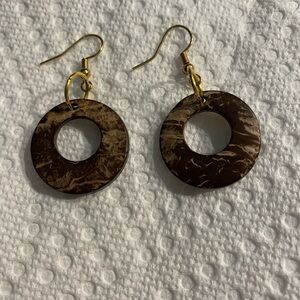 Brown and Gold Coconut Shell Hoop Earrings